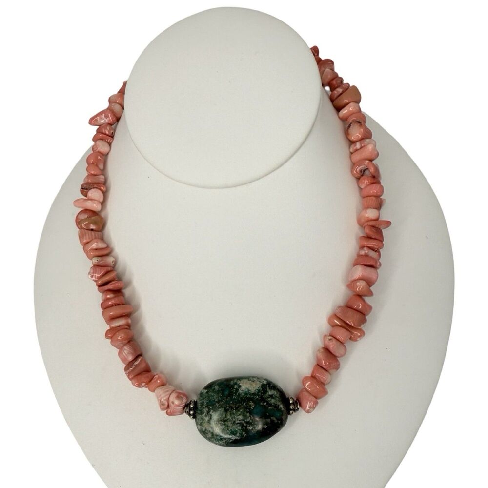 925 Sterling Silver Turquoise Pink Nugget Bead Necklace 19" Conch Shell